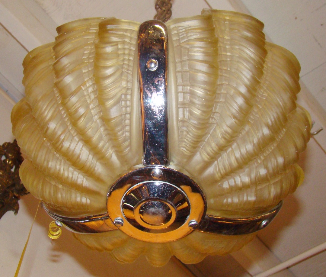 1930's French Art Deco Clam Shell Amber Light Fixture Modernism